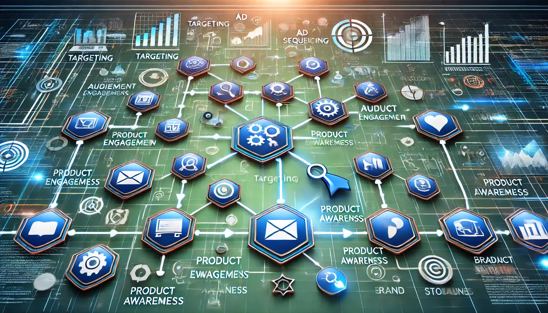 Digital marketing image depicting a structured flow of ad sequences with connected icons for targeting, audience engagement, and product awareness.