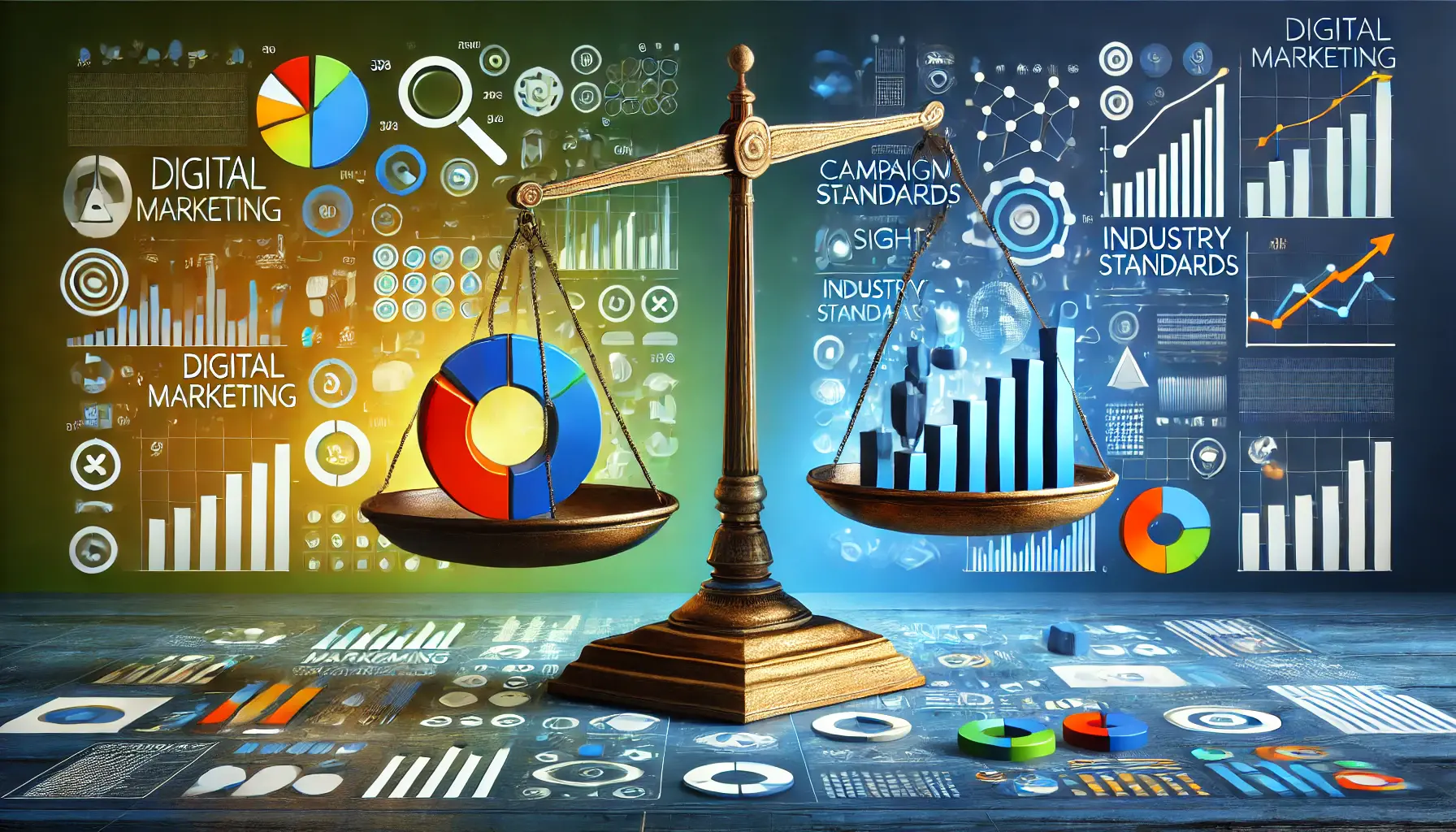 Stylized scale balancing performance metrics and industry benchmarks, symbolizing comparison and evaluation in digital marketing.