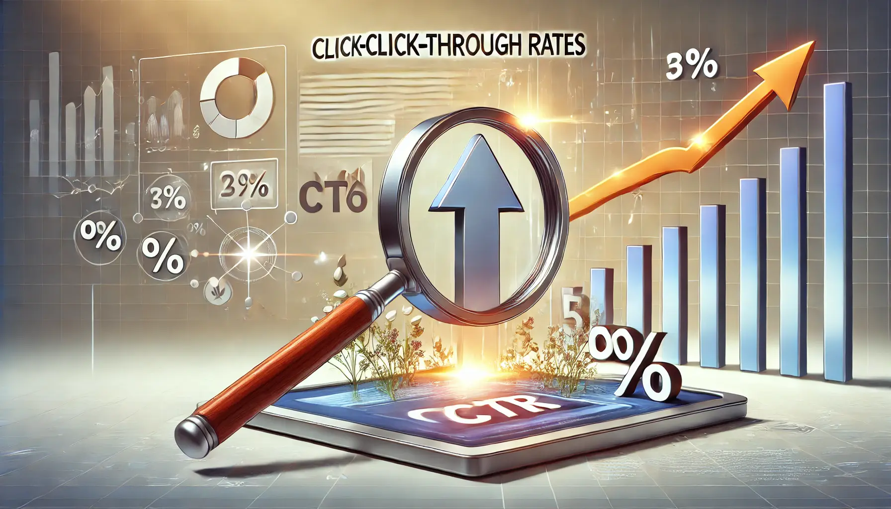 An analytical visualization of click-through rates with a magnifying glass over an ad link, bar graphs, and an upward arrow symbolizing growth and importance.