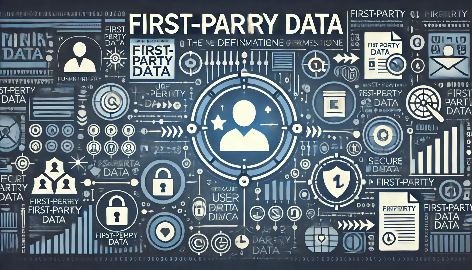 A professional image illustrating the importance of first-party data, featuring user profile icons, app interface elements, and a secure data flow symbol on a modern digital background.