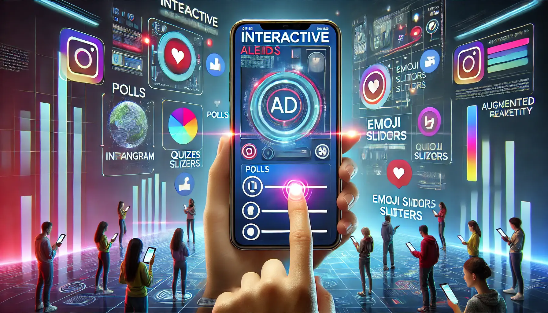 A modern digital marketing concept showing interactive elements in Instagram ads, featuring polls, quizzes, emoji sliders, and AR filters on a smartphone screen with users engaging.