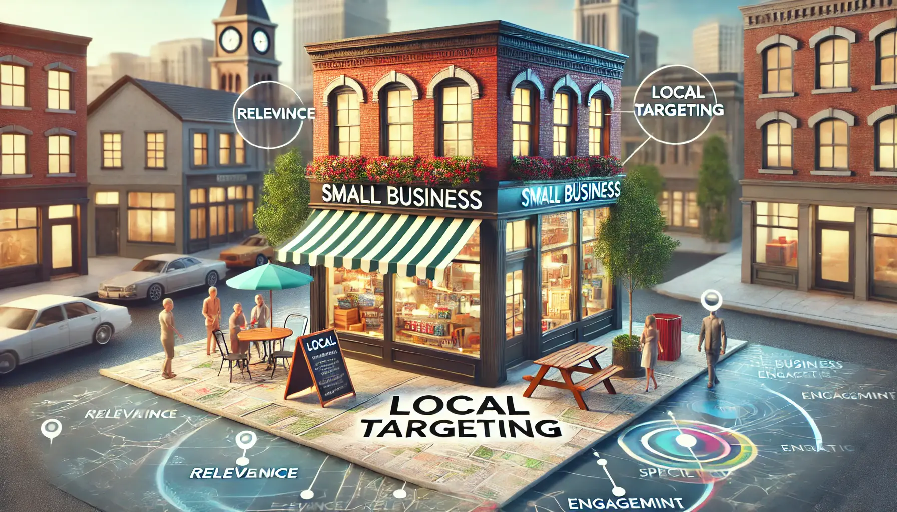 A small business storefront with a vibrant atmosphere, surrounded by a busy street scene and local landmarks, highlighting geographic focus and engagement.