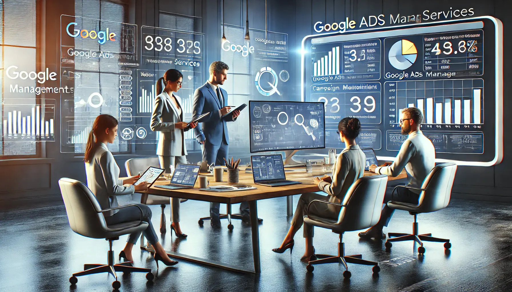 A team of digital marketers collaborating in a modern office with data charts and campaign metrics on display, representing Google Ads Management Services.