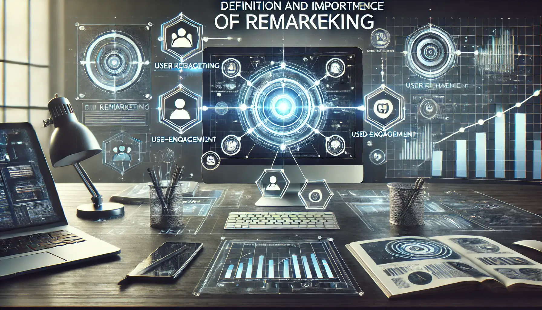 A modern digital marketing workspace featuring a dashboard with user analytics and icons symbolizing engagement and targeting, representing remarketing concepts.