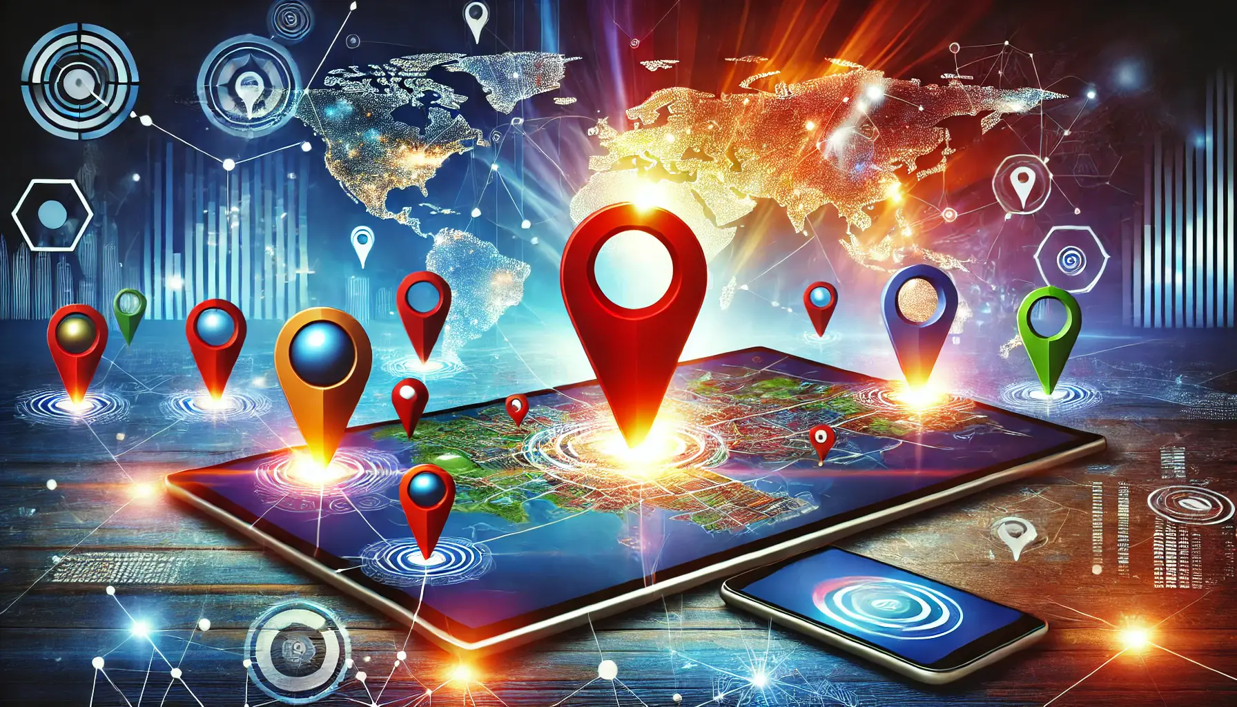 A glowing world map with digital connections, location pins, and devices like smartphones and tablets, emphasizing the significance of location-based advertising.