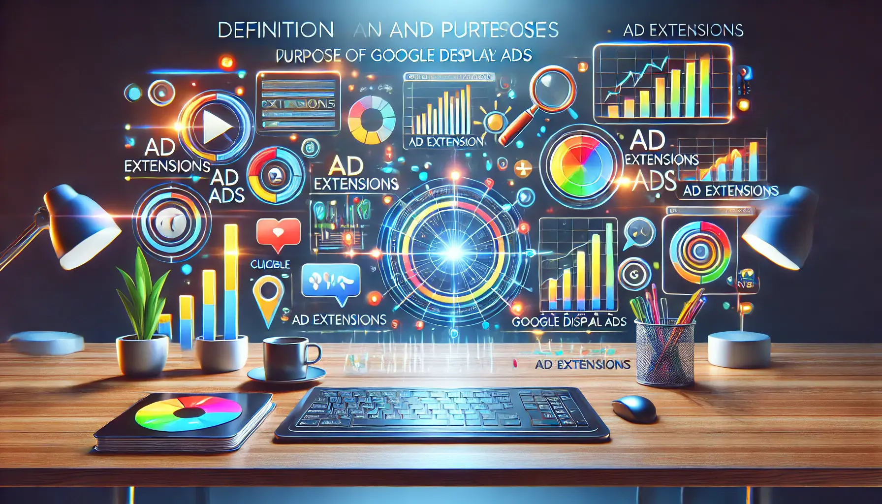 A digital dashboard with vibrant elements symbolizing ad extensions like links, call-to-action buttons, and promotions in a professional setting.