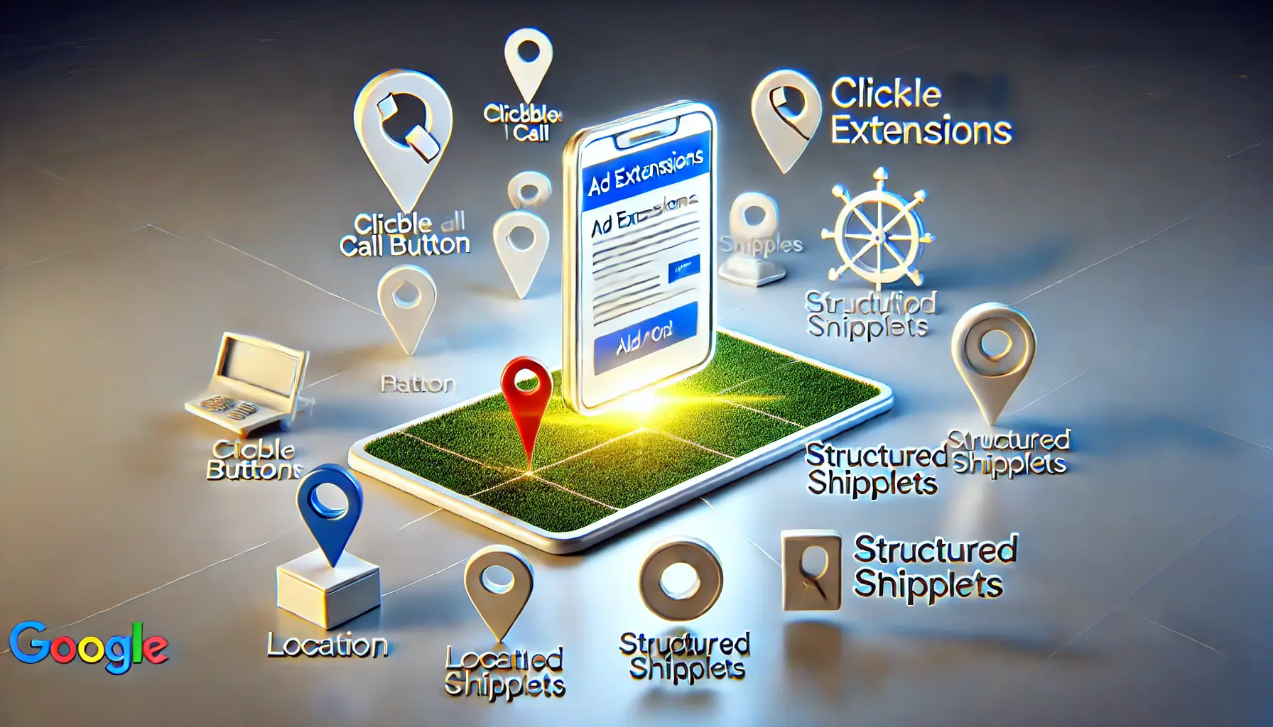 An illustration showing interactive elements of Google Ads extensions like call buttons, location markers, and structured snippets around a glowing central ad.