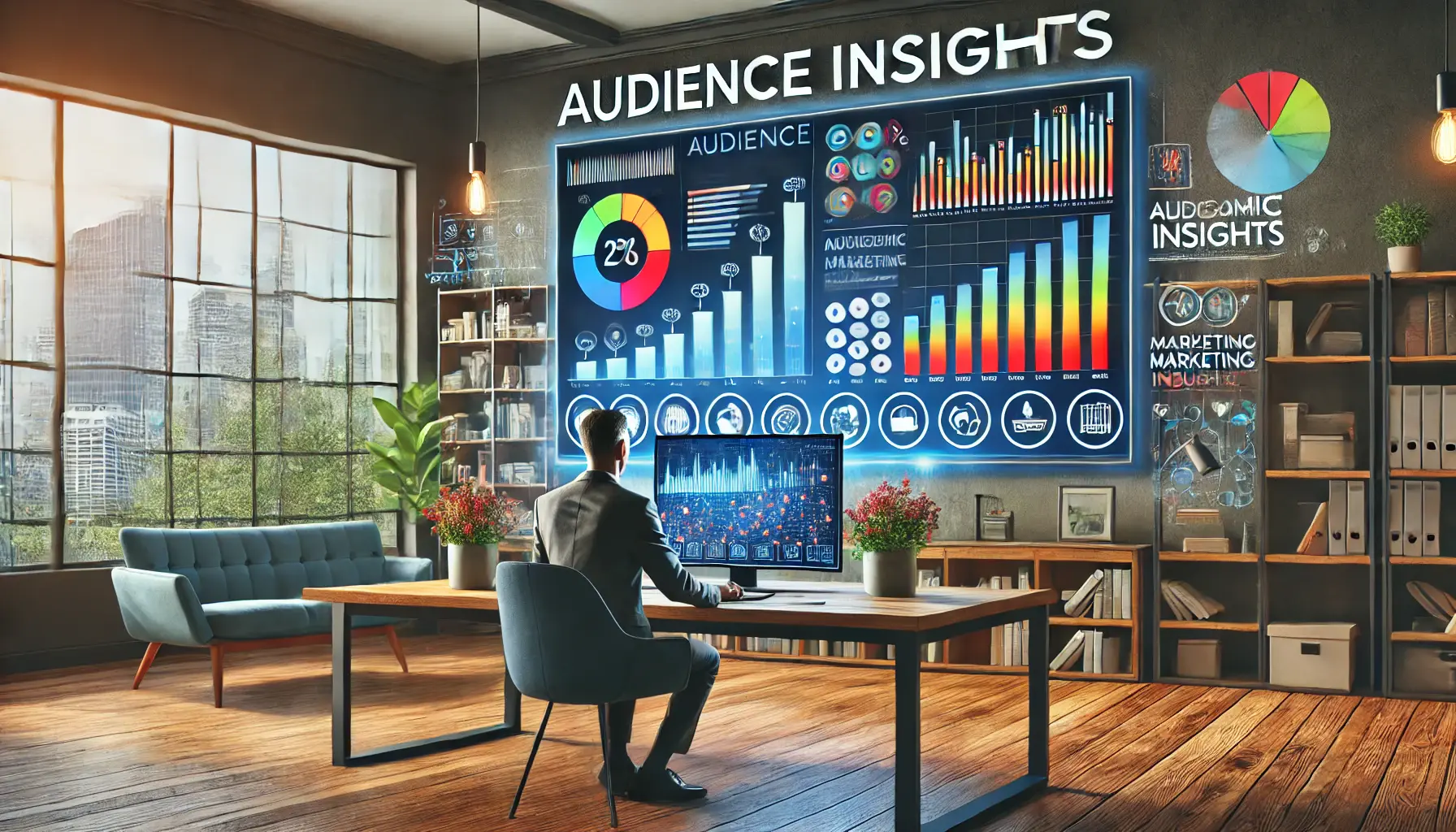 A person analyzing colorful demographic charts and behavioral data on a large monitor in a modern office, symbolizing audience insights and data-driven decision-making.