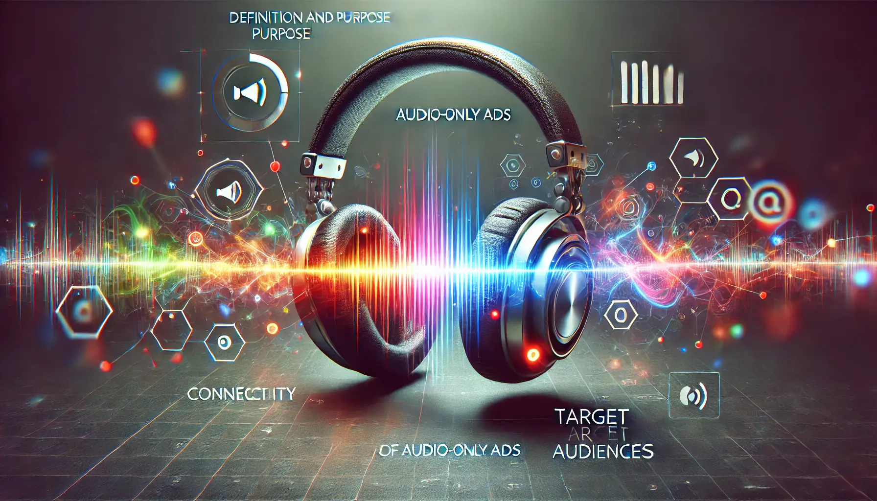 A digital illustration showing headphones emitting vibrant soundwaves surrounded by symbols of connectivity and engagement, symbolizing the concept of audio-only ads.