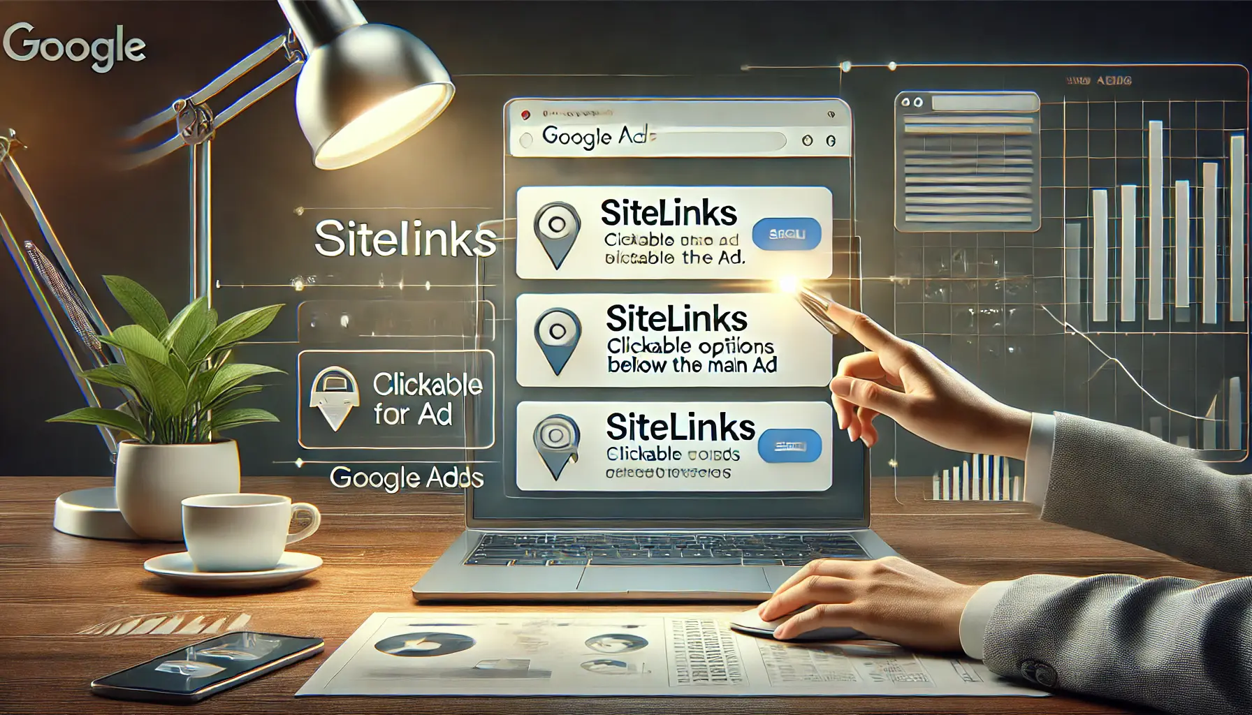 An illustration of a Google Ads setup emphasizing the role of sitelinks in providing direct navigation options for users.