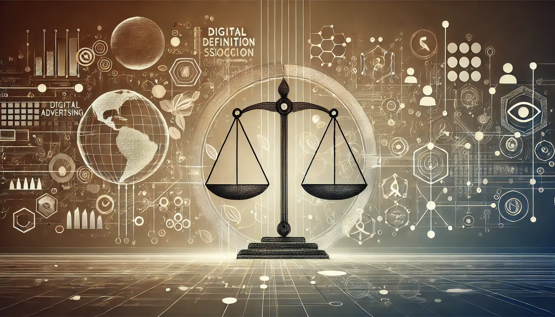 An abstract illustration representing policy definition and scope with symbolic scales and digital elements.