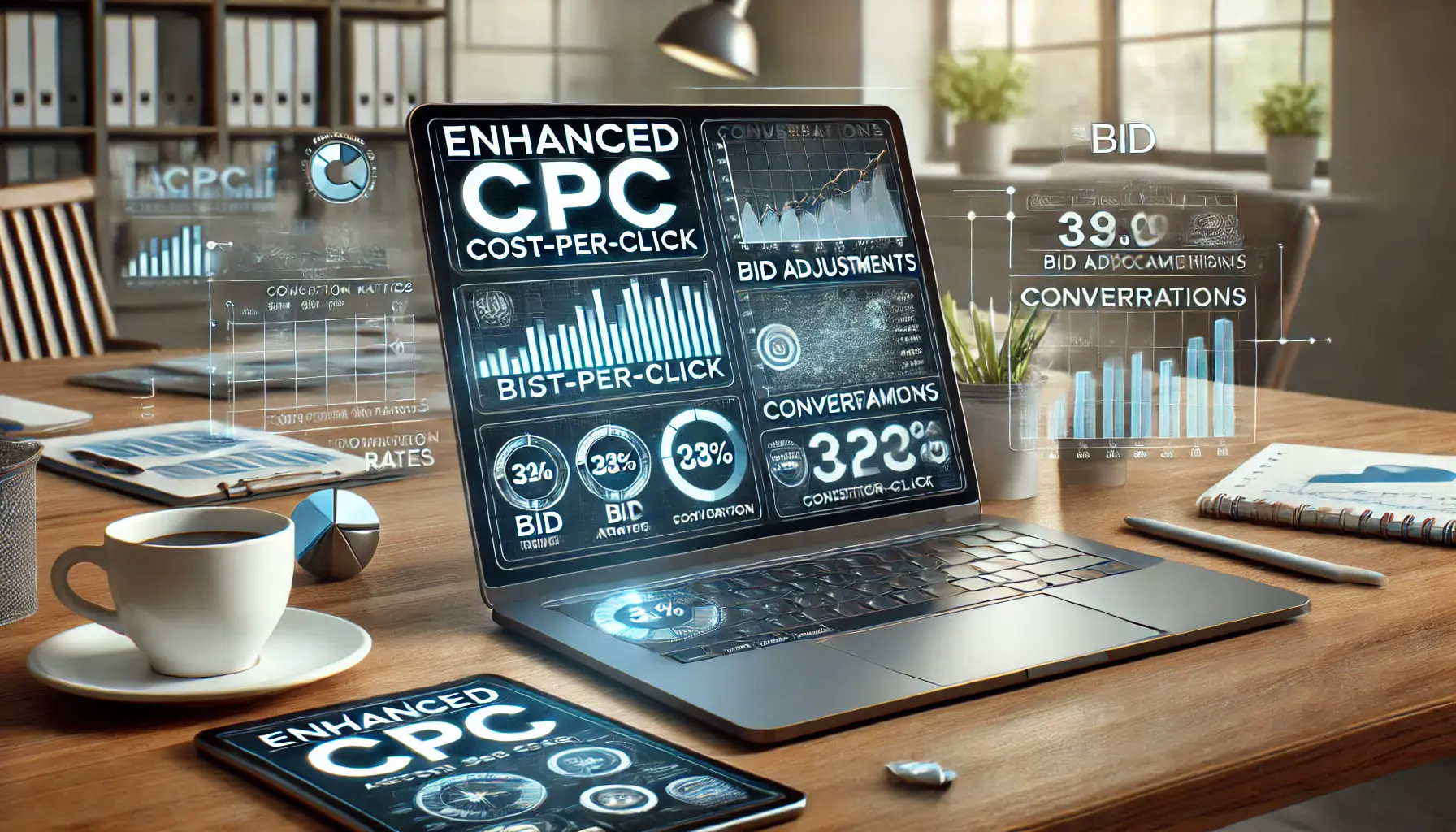 A digital advertising workspace with a laptop displaying data visualization, surrounded by a tablet and a coffee cup on a clean desk.