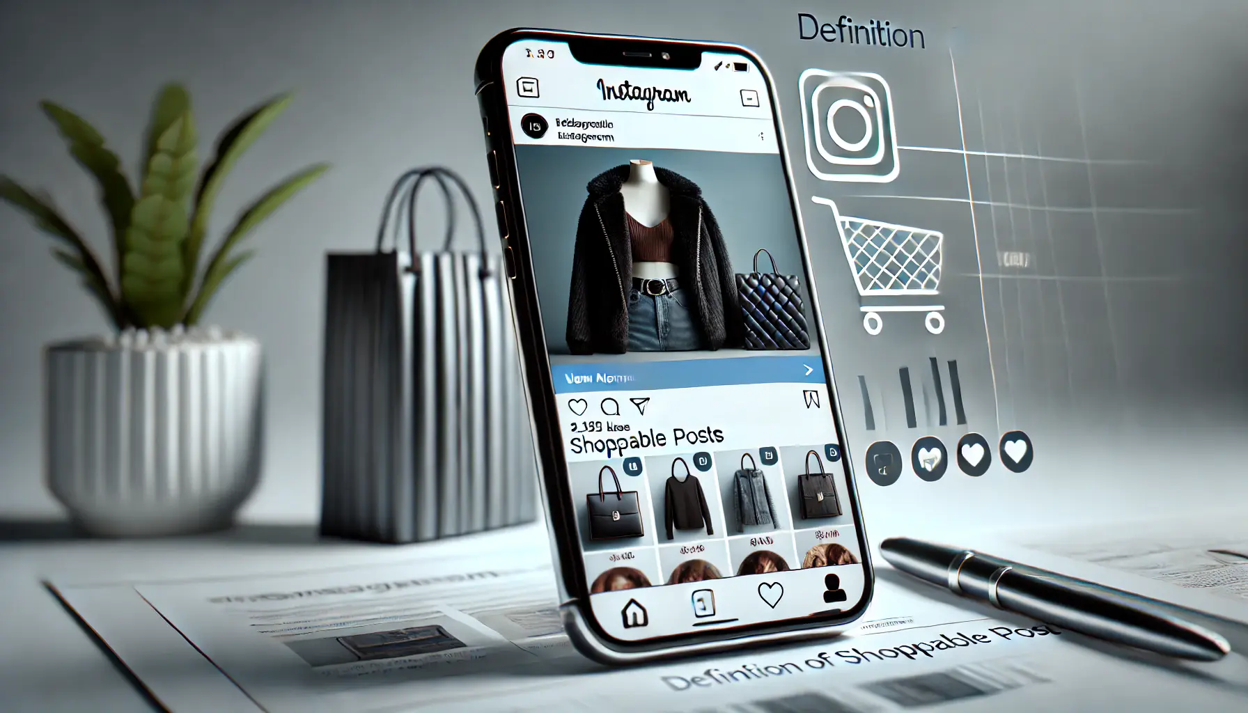 An Instagram-style post on a smartphone screen with shopping tags on products, representing the concept of shoppable posts.