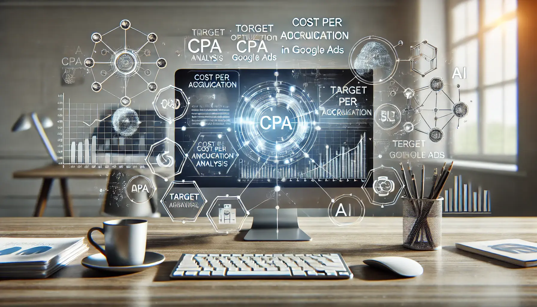 A professional workspace showcasing a computer screen with a graph analyzing cost per acquisition, surrounded by AI and machine learning visuals.