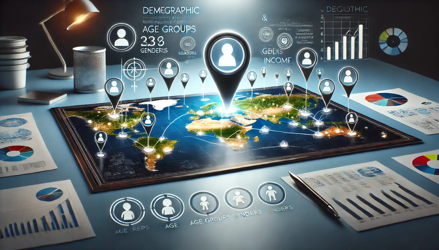 A digital map with glowing markers for geographic locations, surrounded by icons representing demographics like age, gender, and income levels, connected with data streams.