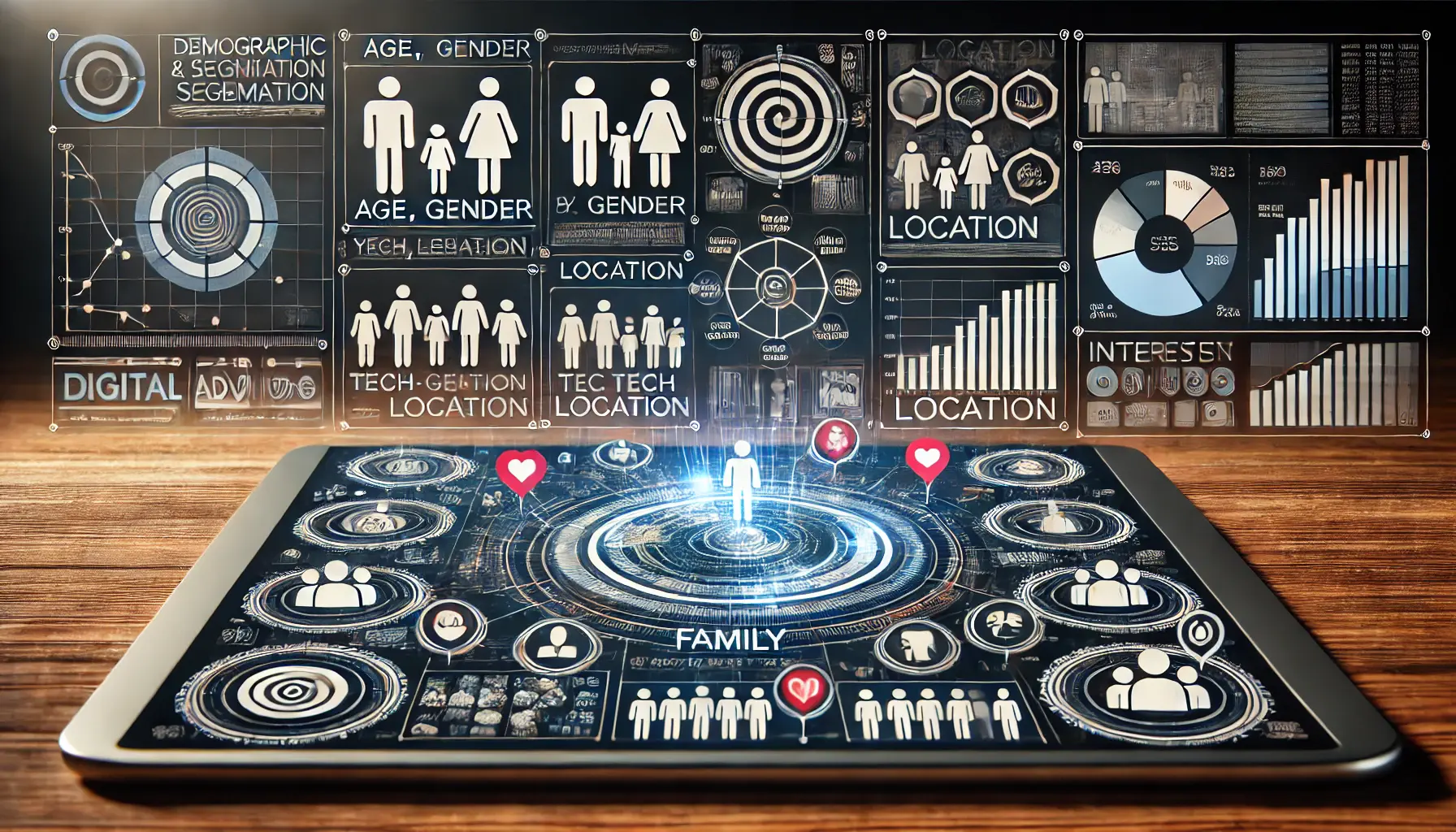 A digital interface displaying charts and icons representing demographic and interest-based segmentation in advertising.