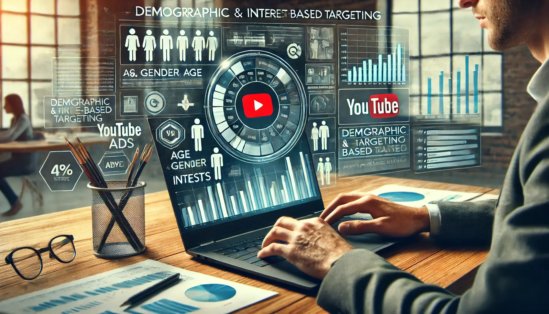 A digital marketing professional analyzing demographic and interest-based targeting data on YouTube's ad platform, with audience insights such as age, gender, and interests visible on the screen.