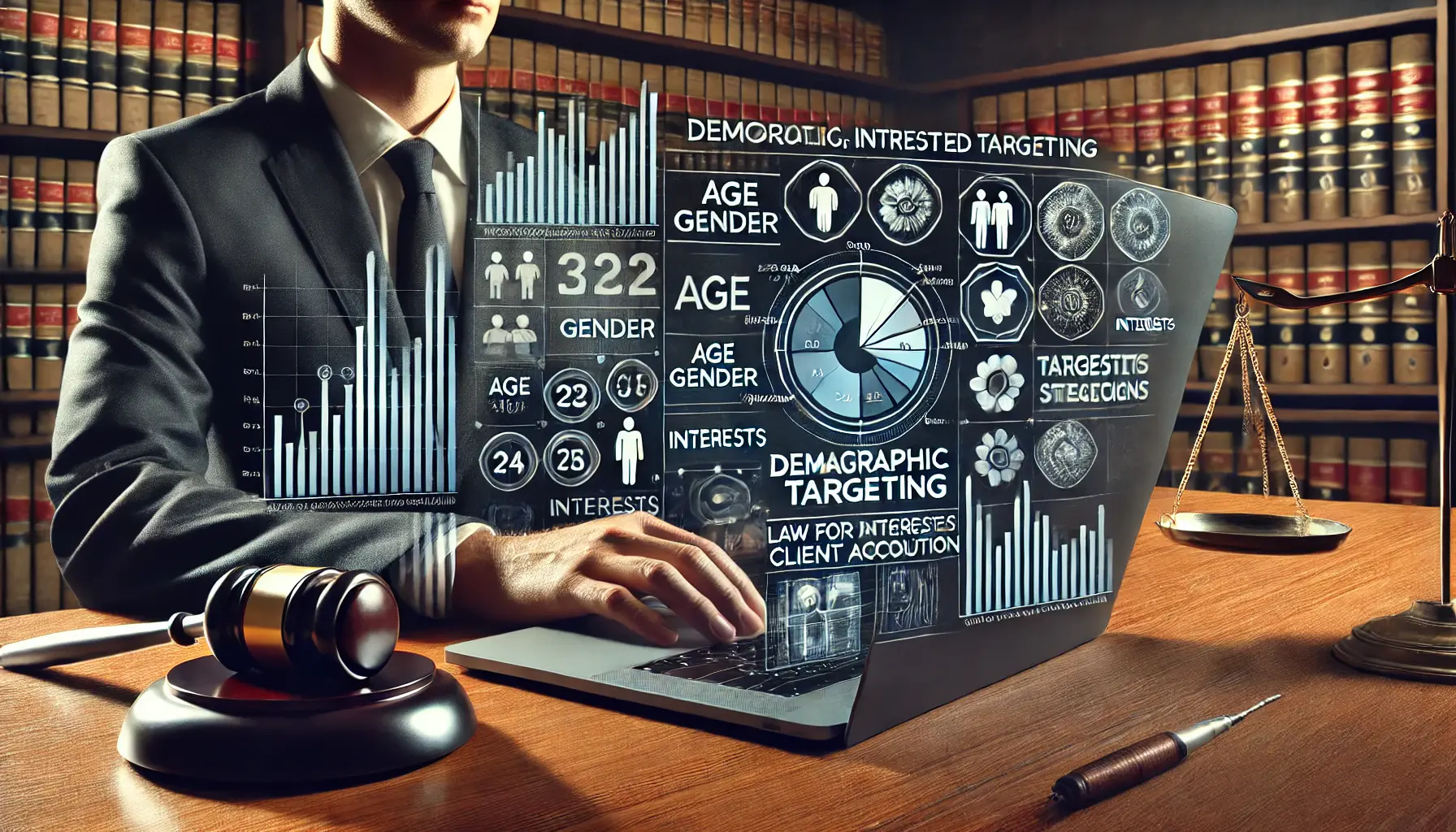 Illustration of a lawyer analyzing demographic and interest-based targeting data on a laptop, with legal elements in the background.