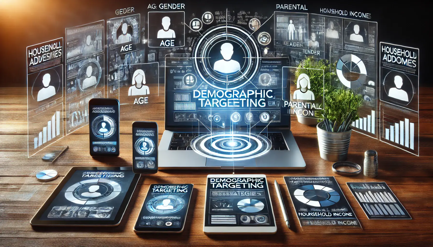 Illustration of demographic targeting strategies showing segmented audiences by age, gender, and income across multiple devices.