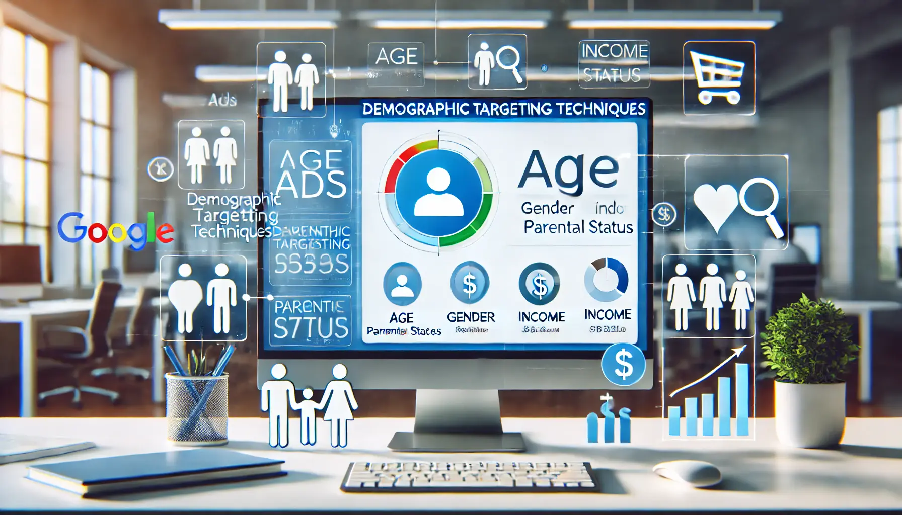 A modern office with a computer screen displaying Google Ads demographic targeting options, including age, gender, income, and parental status, surrounded by relevant icons.