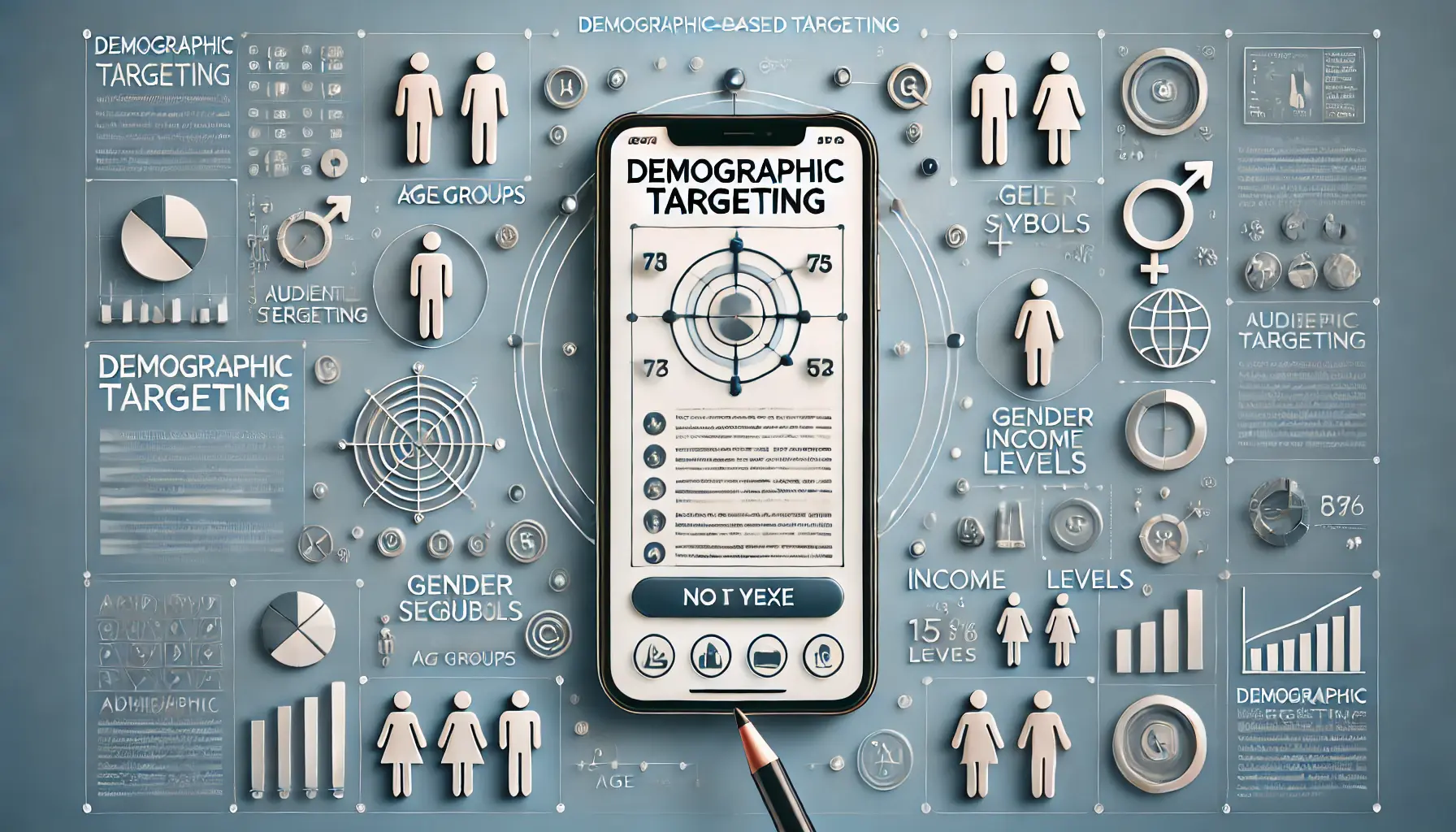 A smartphone displaying a targeted ad surrounded by icons representing age groups, gender, and income levels.