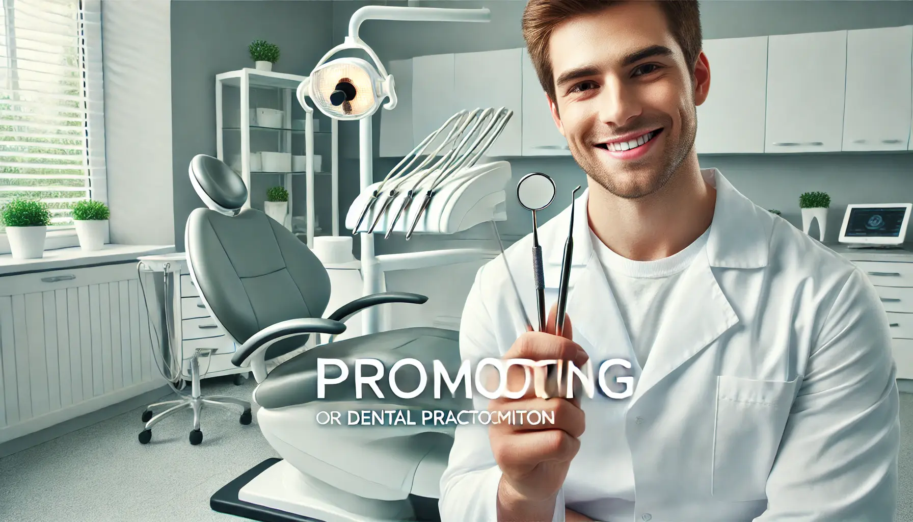 A professional dentist in a clean, modern clinic holding dental tools, symbolizing effective dental practice promotion.