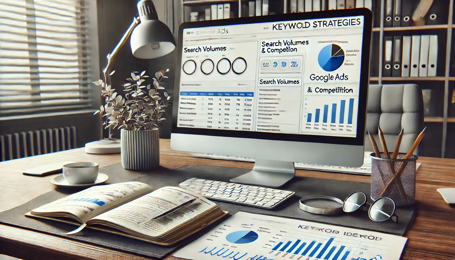 A workspace featuring a computer with a Google Ads keyword planner, documents with keyword analysis charts, and a notebook with keyword ideas.