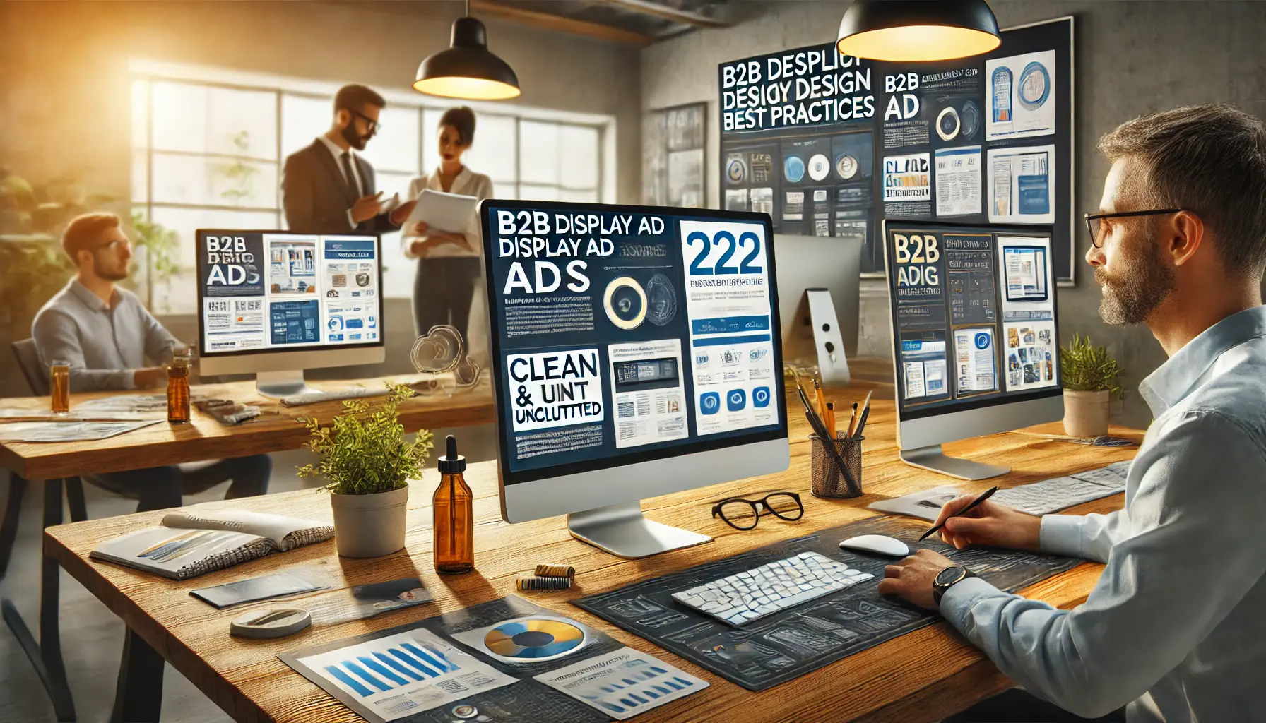 A team of marketers reviewing clean and uncluttered B2B display ad designs on their computers, with an emphasis on high-quality visuals and brand consistency.