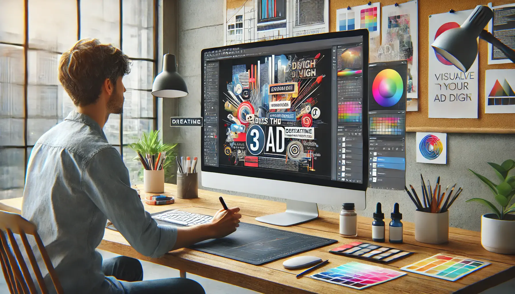 A designer working on a computer, designing a captivating ad layout with creative software.