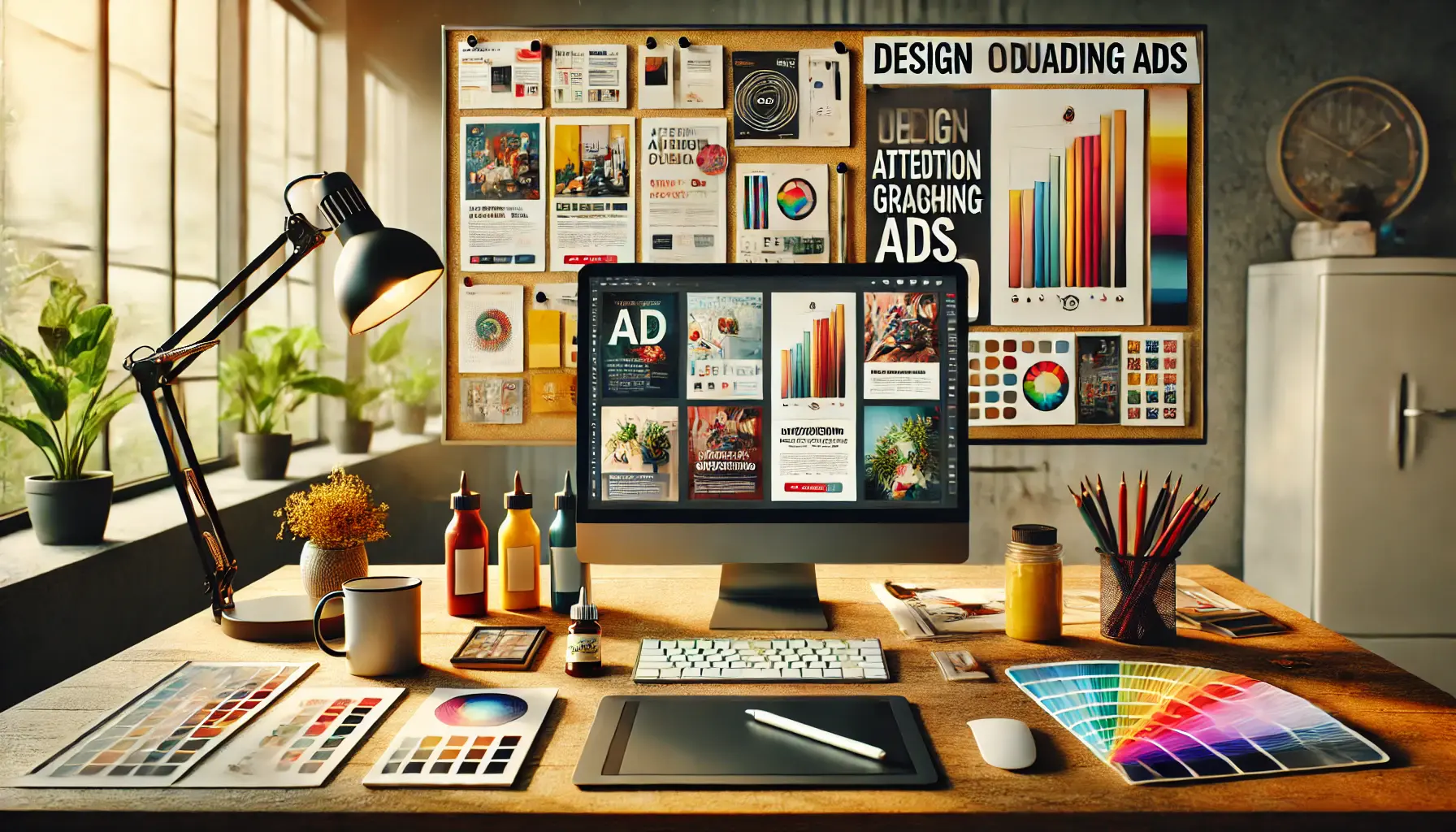 A creative workspace featuring a monitor with colorful ad designs, design tools, and a mood board with inspirations.