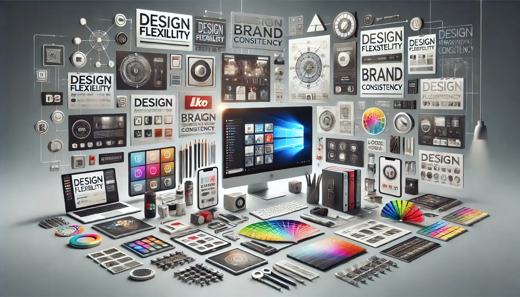 A creative studio showcasing cohesive branding across digital formats with design tools and multiple screens.