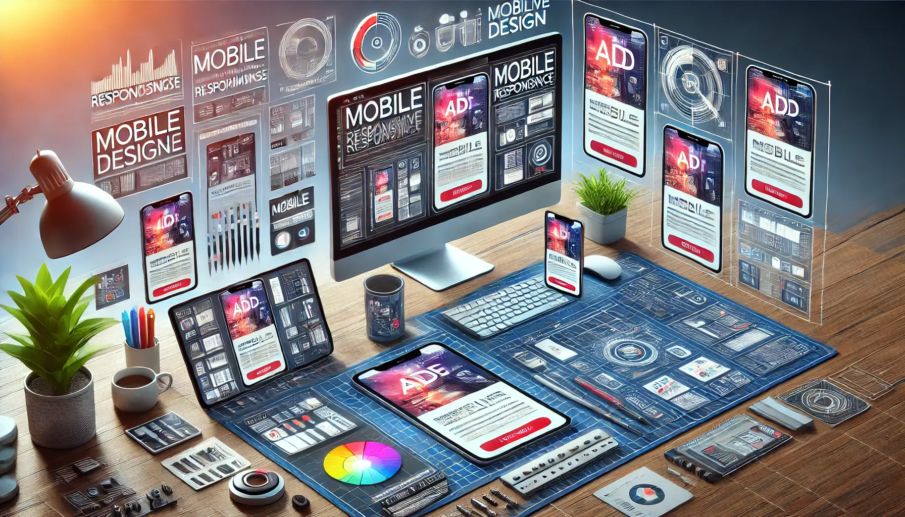 A digital workspace with various devices displaying mobile-friendly ad designs for responsive advertising