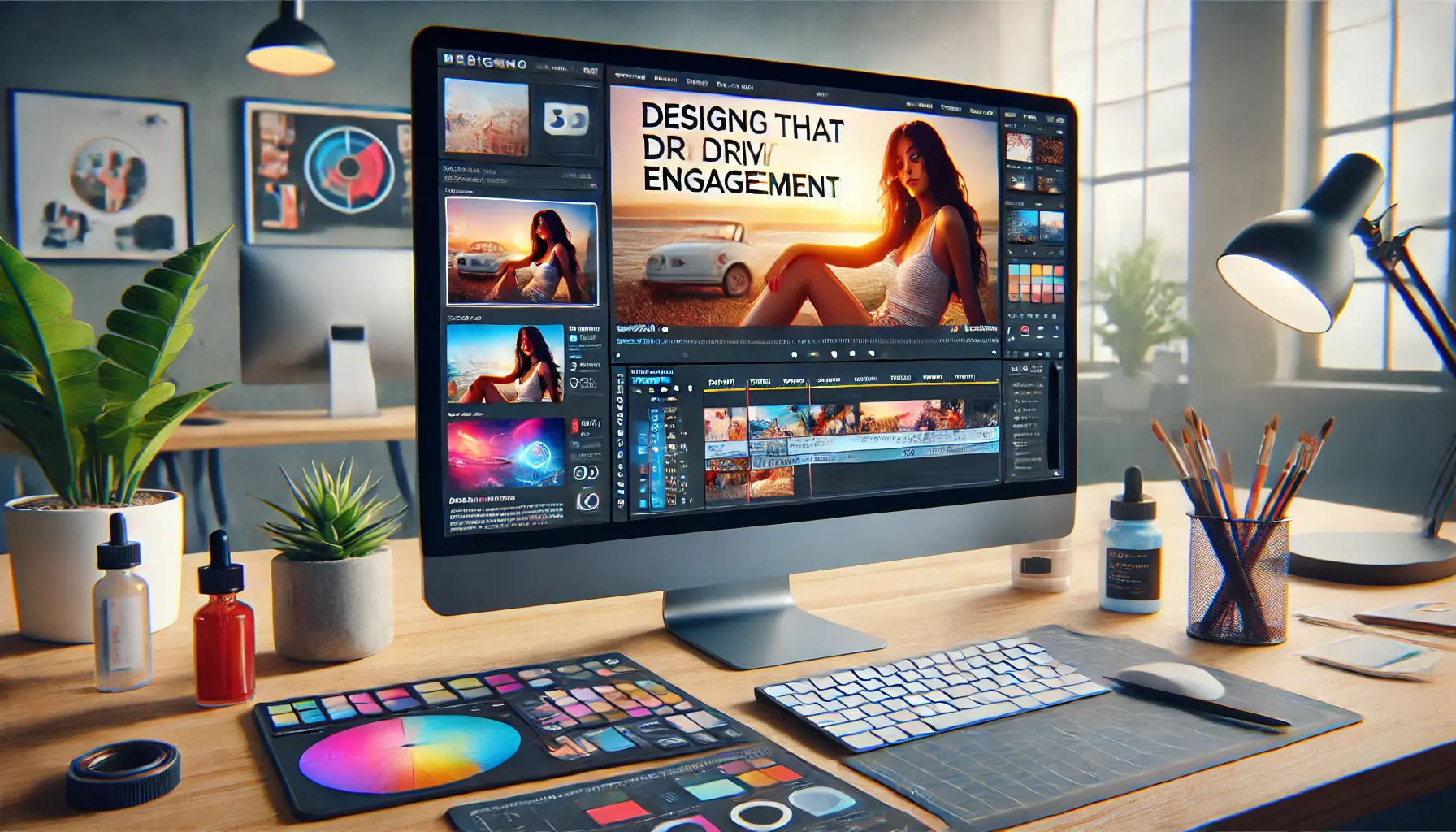 A computer screen displaying a creative ad design in a video editing software, surrounded by design tools like a color palette and brush tools.