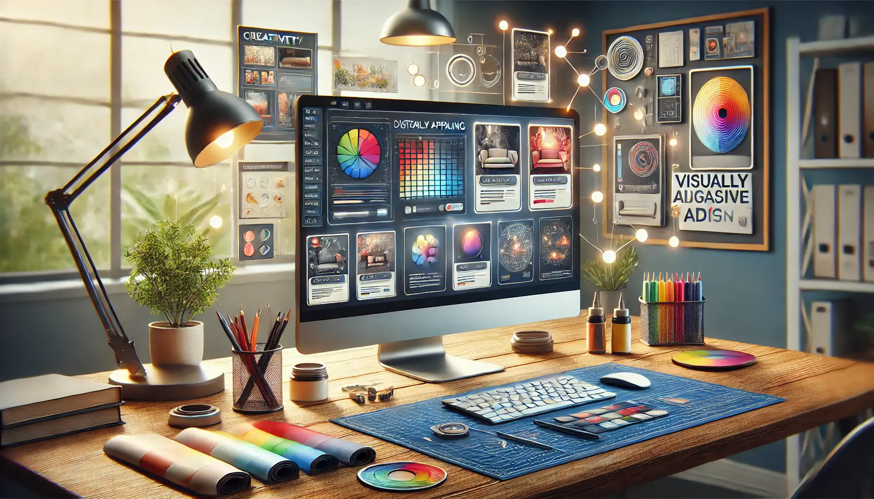 A digital workspace featuring visually engaging display ad designs with color palettes and layout tools