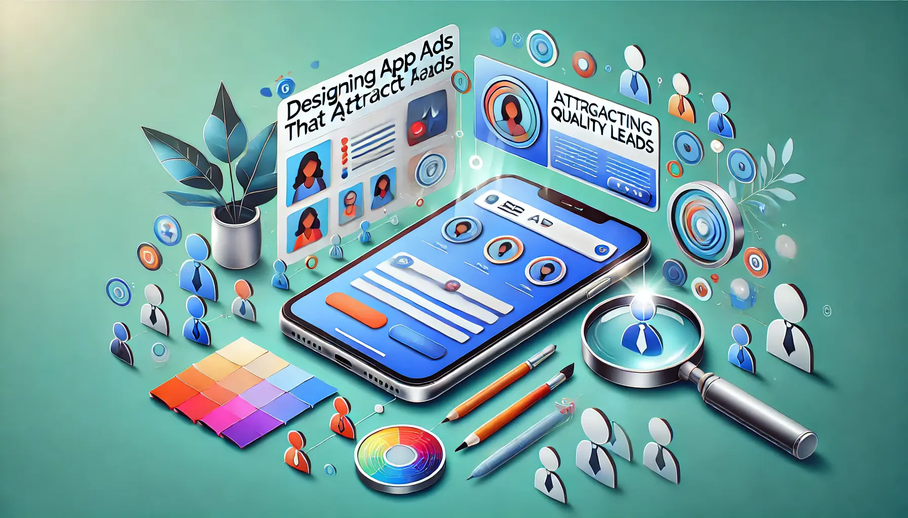 An image showcasing the design of app ads with vibrant visuals, a mobile device, and icons representing precision and quality leads.