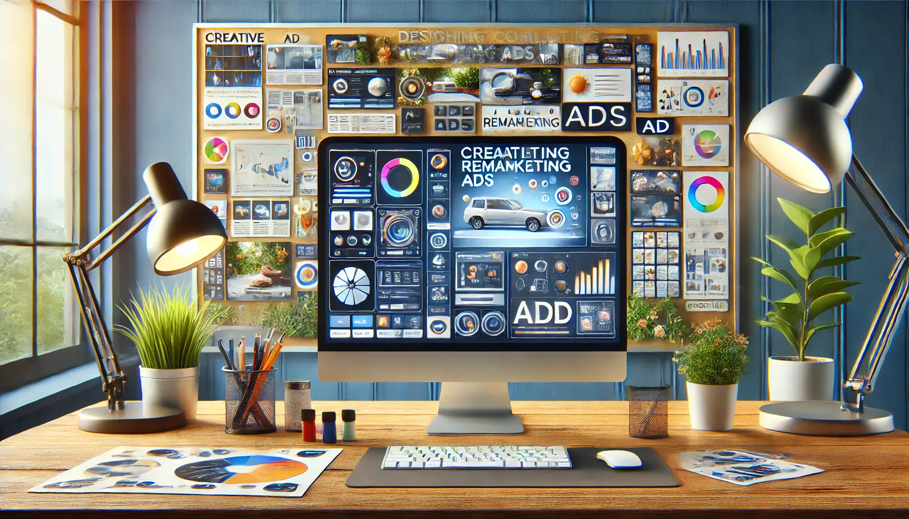 A digital marketing workspace with a computer screen showing a creative ad design tool interface, displaying ad visuals, product images, and color palettes for remarketing.