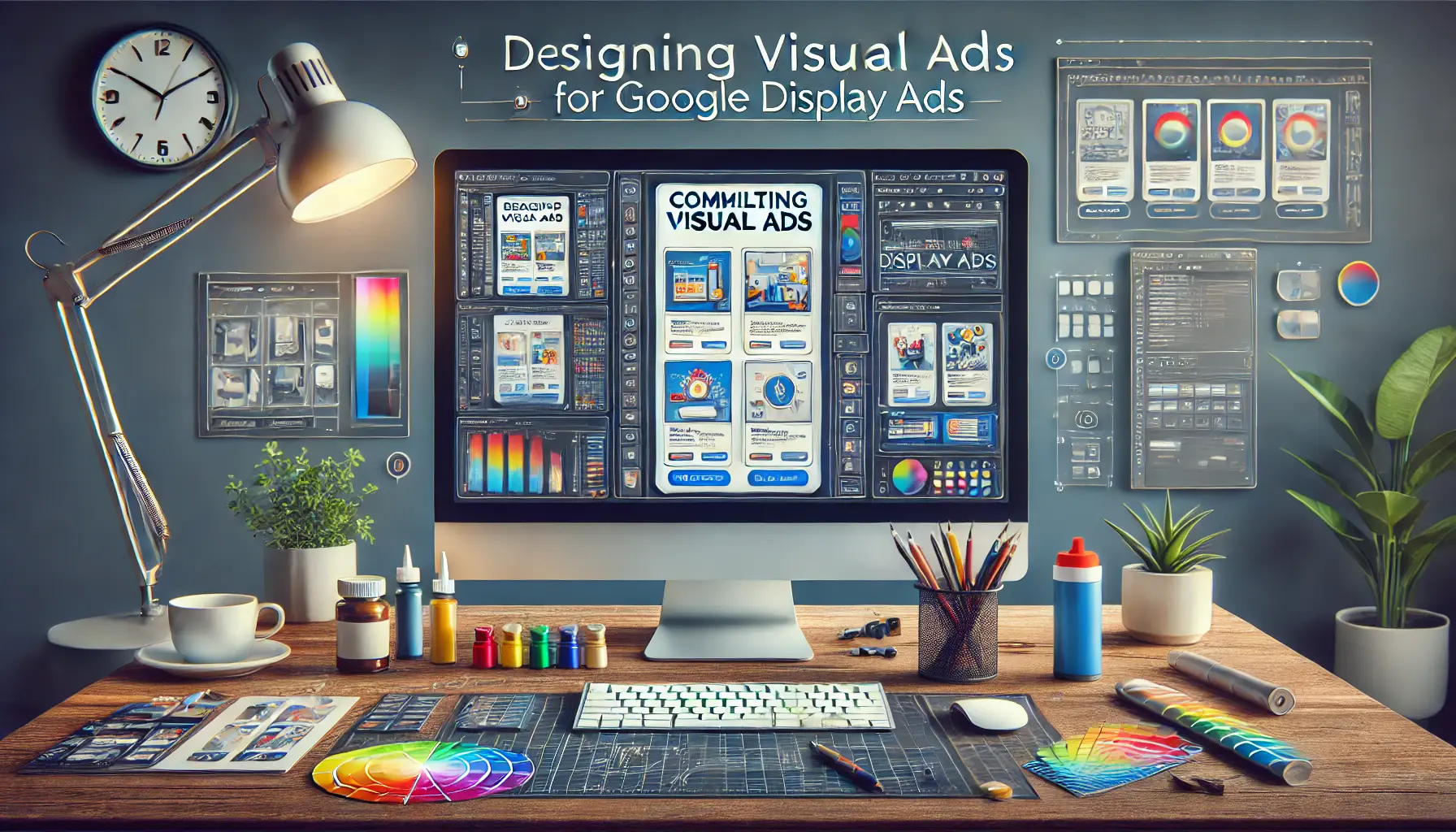 A professional workspace with a computer screen showing a design interface with colorful ad mockups, surrounded by tools like color palettes and editing icons.