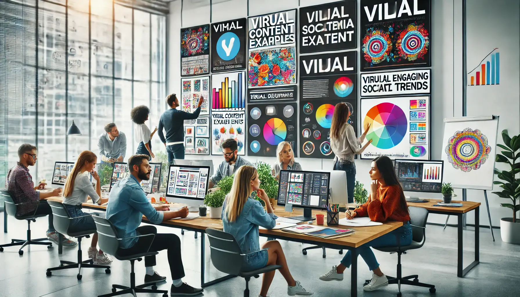 A creative marketing team designing content that reflects current trends, surrounded by digital displays showing viral content, color schemes, and trending themes.