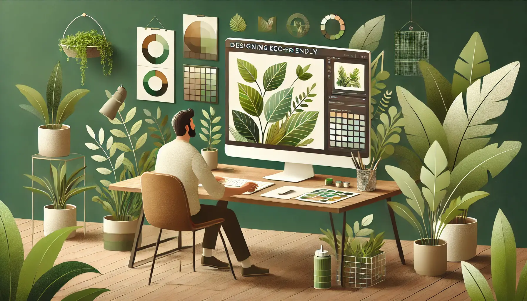 Illustration of a designer creating nature-inspired digital ad visuals with green leaves and earthy tones in a workspace filled with plants.