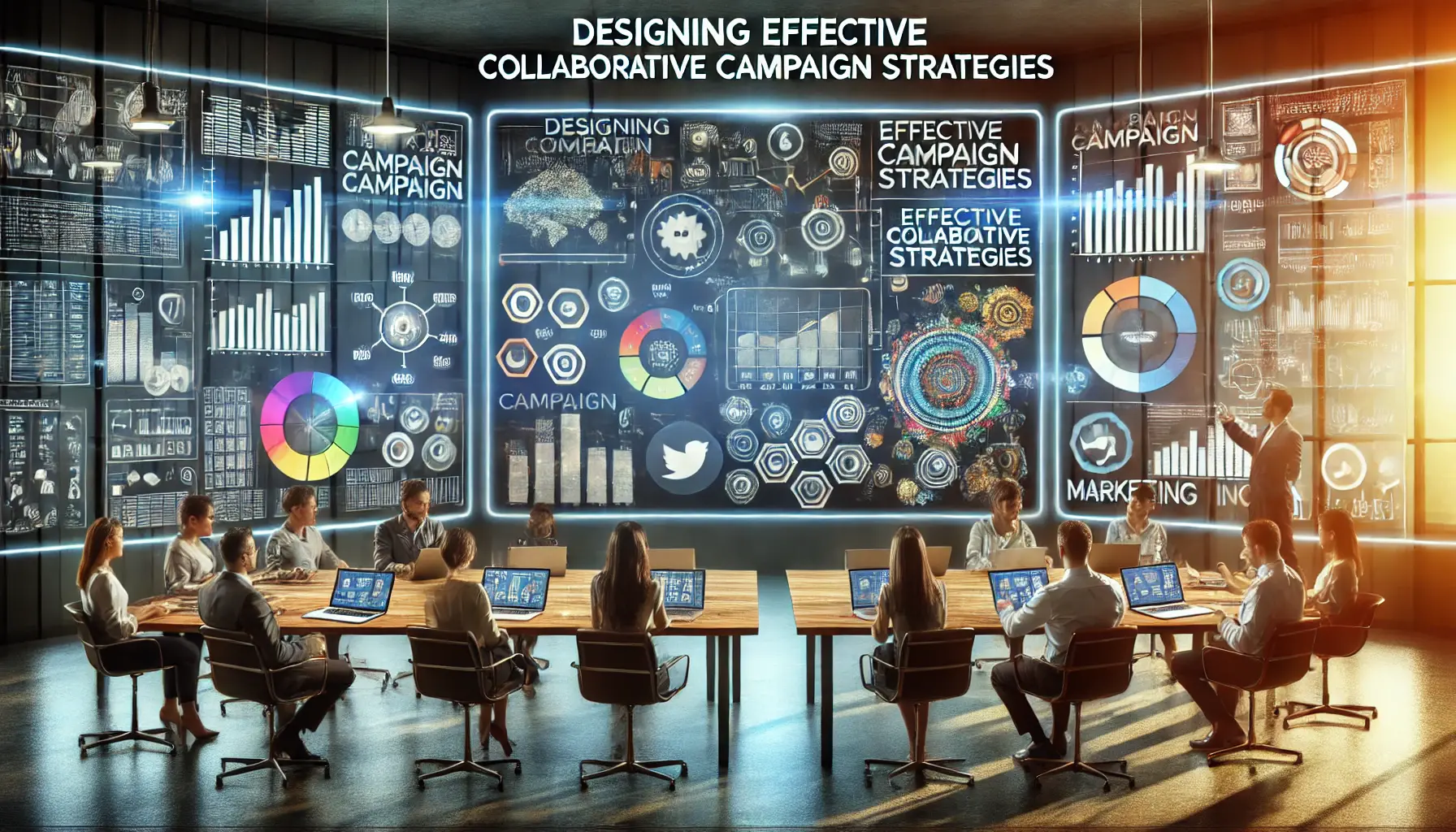 Image showing a digital workspace with team members collaborating on a digital board displaying campaign plans and analytics.