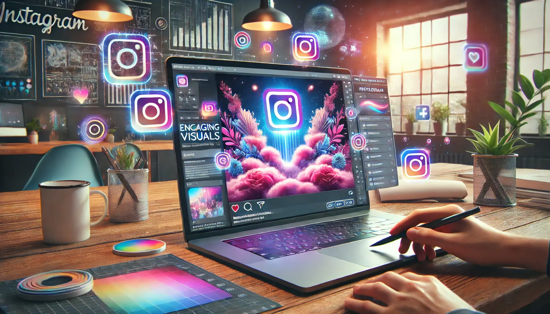 A designer working on a high-quality Instagram feed ad using professional design software on a laptop, with an Instagram feed displaying an eye-catching ad blending seamlessly with organic content.