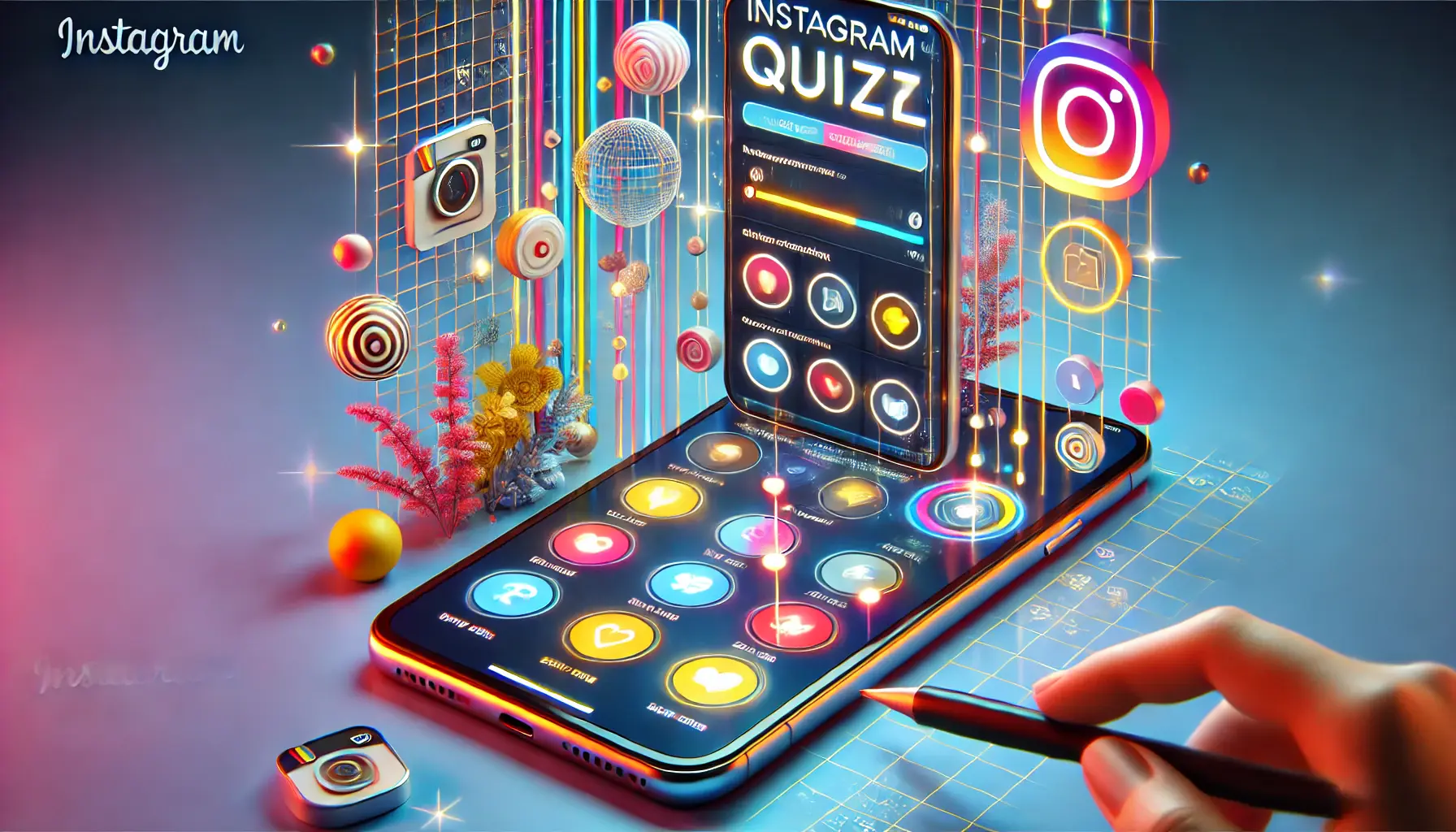 A digital marketing concept featuring a smartphone screen with an interactive Instagram Story quiz, where users are actively selecting answers in a vibrant social media environment.