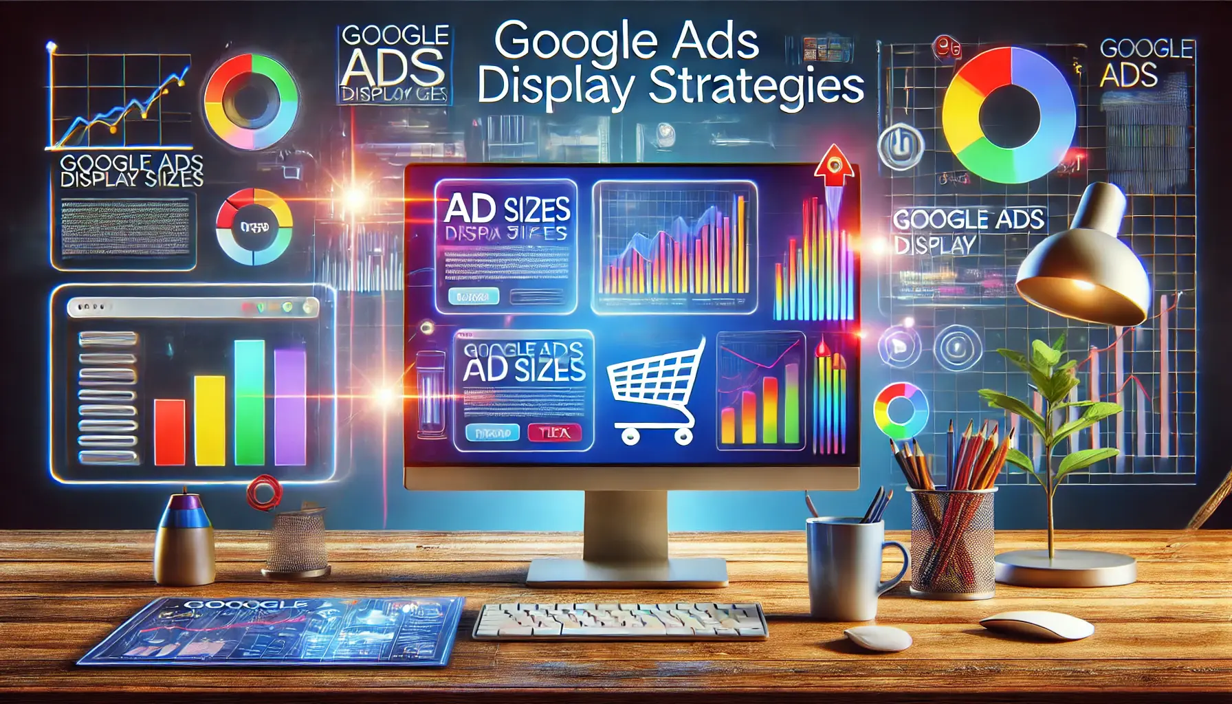 A digital marketing-themed image showcasing elements of ad strategies, including mobile and desktop devices, computer screens, and abstract digital icons.