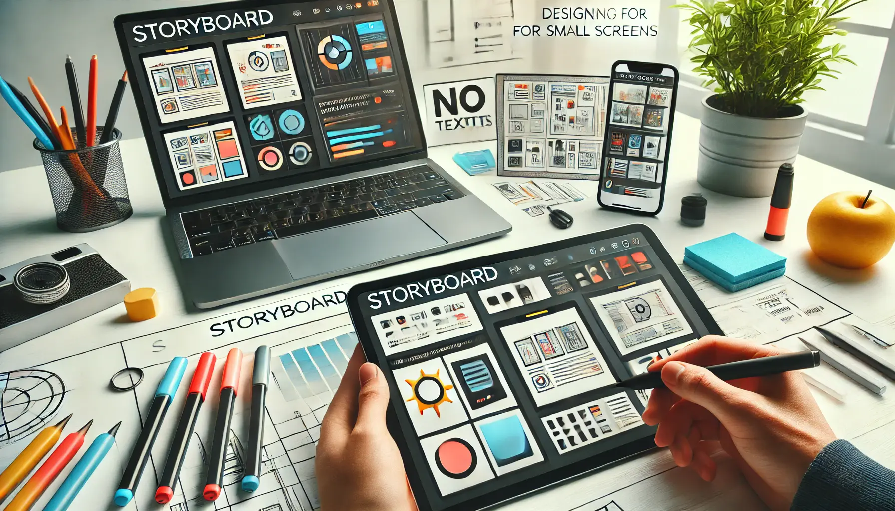 A workspace showcasing the process of designing storyboards for small screens, with a tablet and smartphone displaying optimized visuals for mobile viewing.