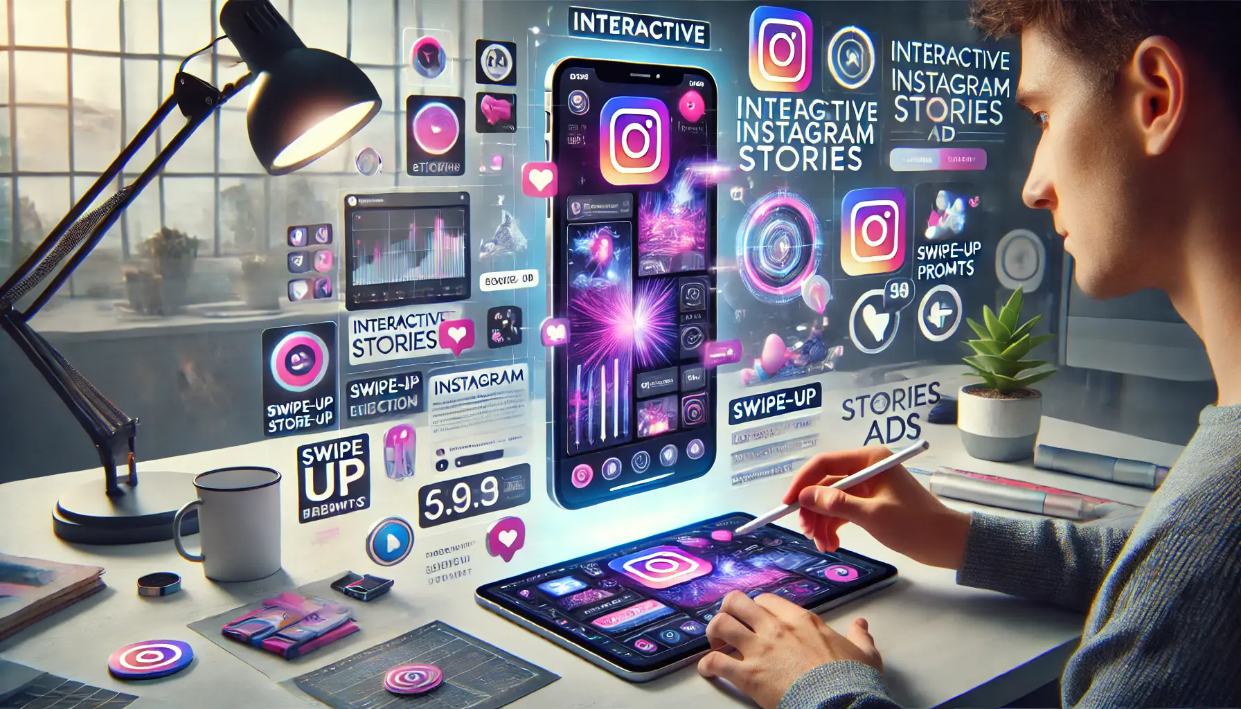 A designer working on a tablet, editing a full-screen vertical Instagram Stories ad with interactive elements like stickers, swipe-up prompts, and engagement buttons, while a smartphone displays an Instagram Stories ad in action.