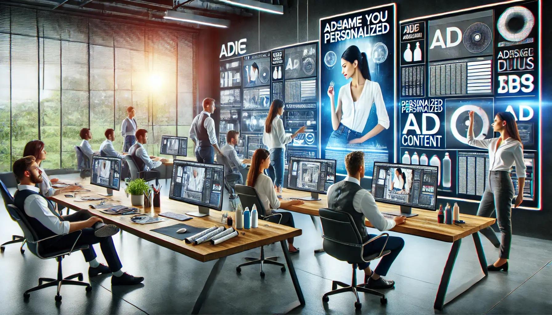 A creative team designing personalized ad content on large monitors in a modern office, with design tools and digital mockups.