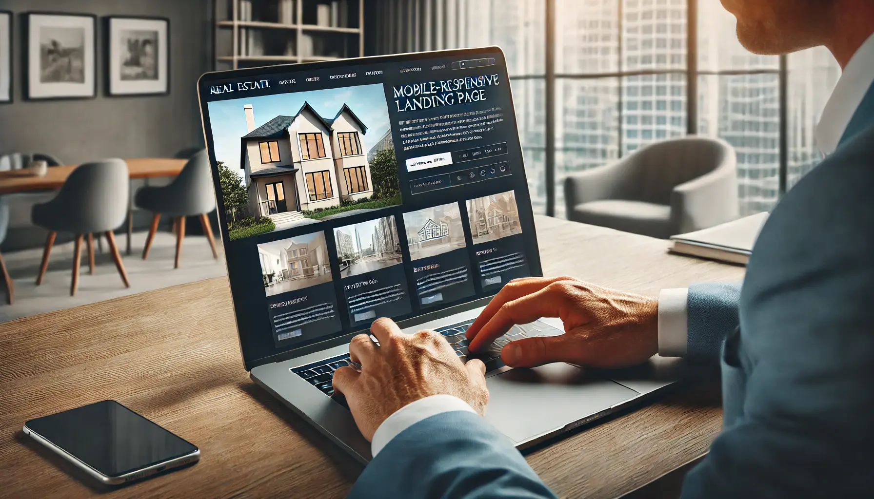 A real estate agent reviewing a user-friendly and mobile-responsive landing page design on a laptop.