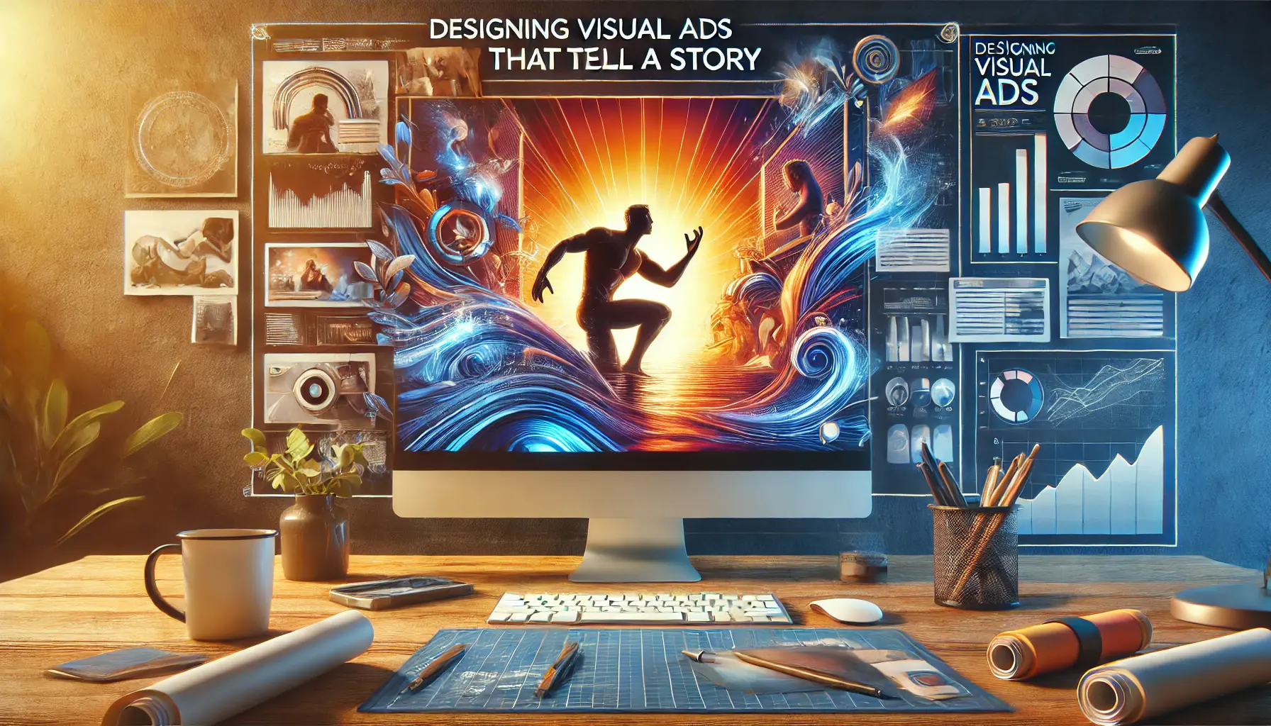 An image showing a designer's workspace with a computer screen displaying a storyboard-style ad layout, representing a narrative.