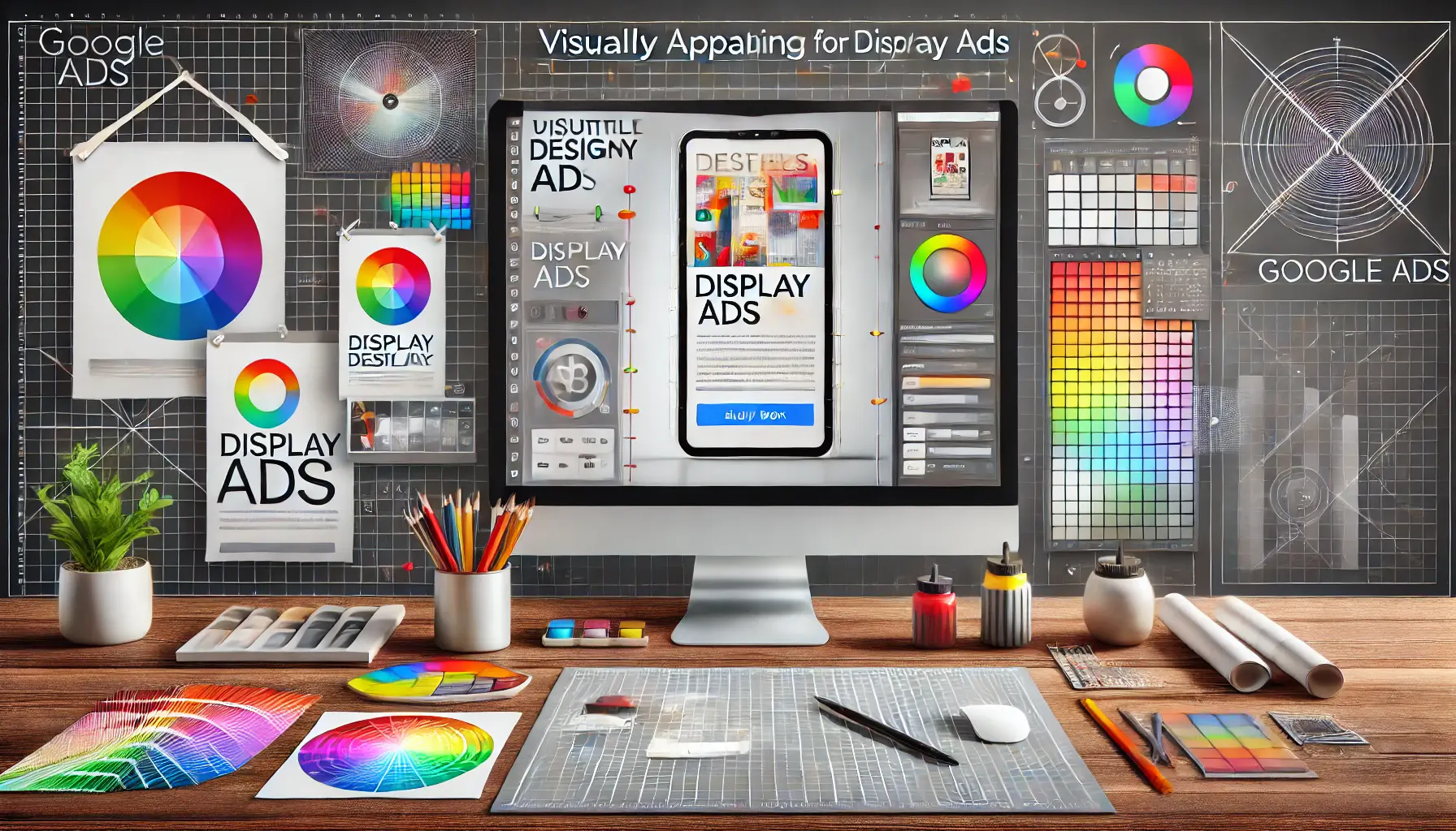 An illustration of designing effective display ads for Google Ads, showing a mockup of an ad on a computer screen with creative design tools.