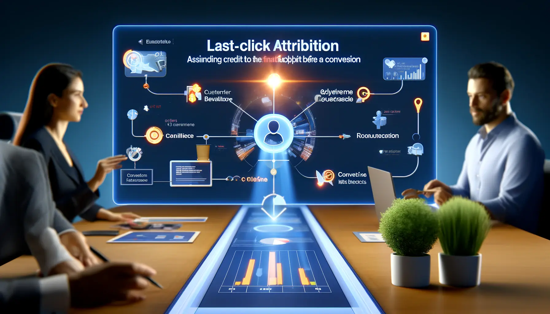 A customer journey visualization with the last interaction highlighted prominently, set in a modern analytics workspace.